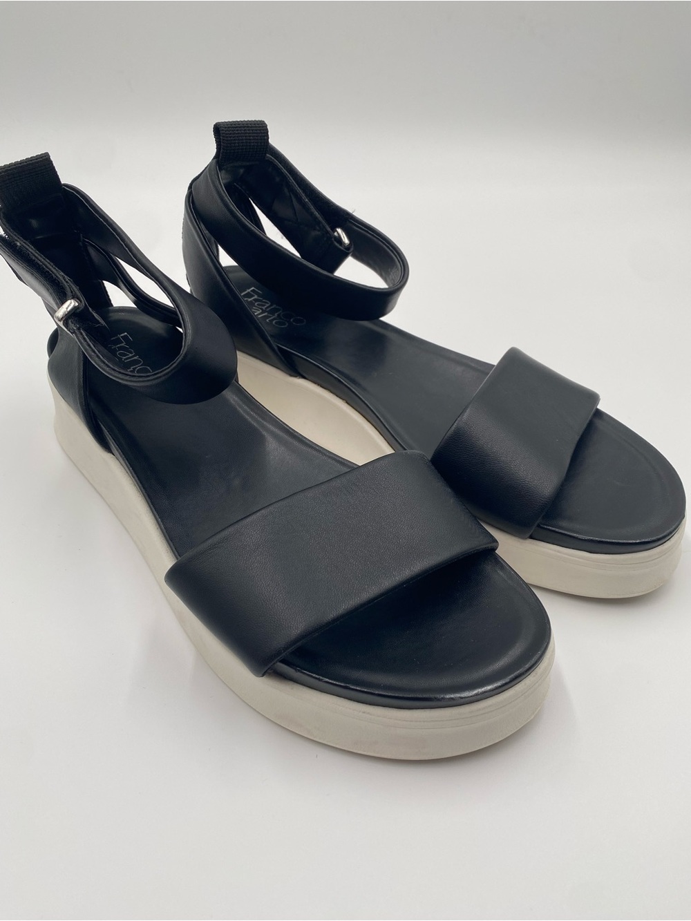Franco Sarto Black and White Platform Ankle-Strap Sandals